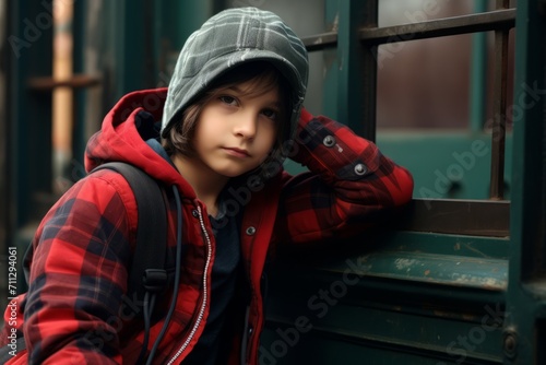 Portrait of a boy in a red jacket and a cap on the street.