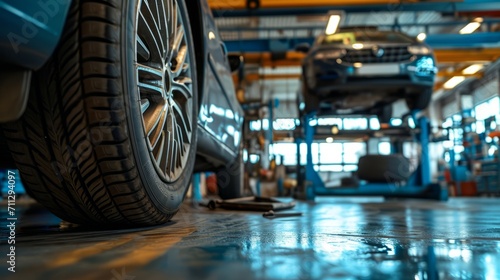 Close-up of a modern car tire in a well-equipped auto repair shop with vehicles being serviced in the background, highlighting automotive maintenance and care photo