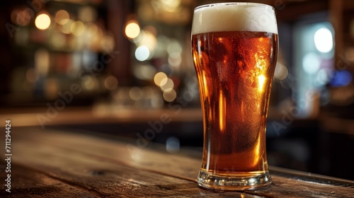 Craft beer in a pint glass on a bar counter with a warm bokeh of lights creating a cozy pub atmosphere