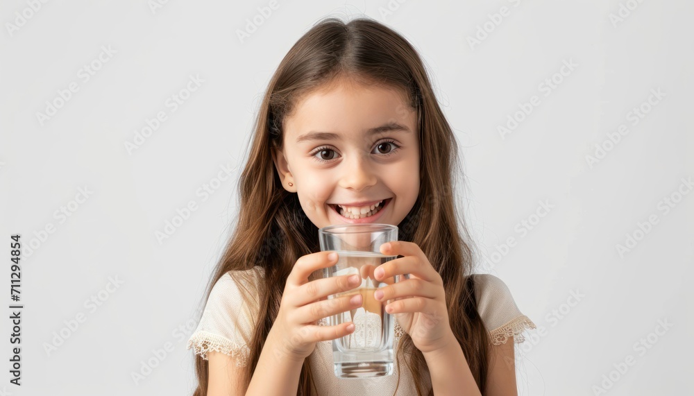 Young girl happily displaying a glass of water towards the camera promoting hydration with a cheerful smile, hydration lifestyle image Young girl happily displaying a glass of water towards the camera promoting hydration with a cheerful smile, hydration lifestyle image