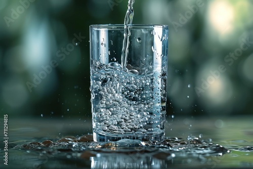 Clear water pouring into a glass filling it to the top with refreshing liquid, water flow picture
