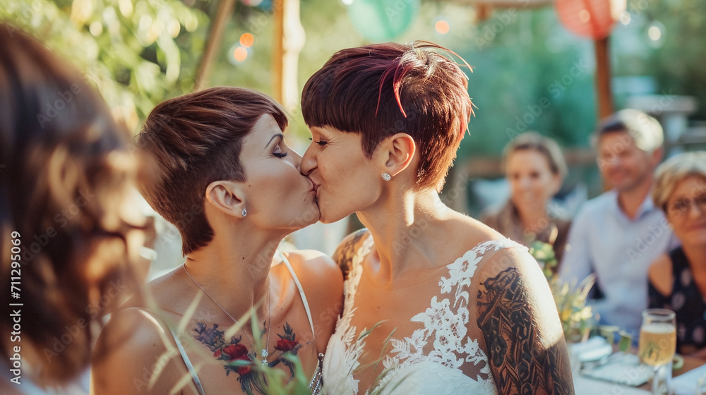 Naklejka premium Lesbian couple celebrate wedding ceremony outside in garden, women kissing to each other, LGBT couple. 