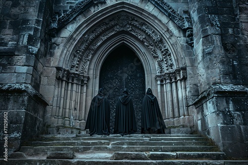 Three Hooded Mysterious Figures Wearing Cloaks Standing Before a Stone Archway Fantasy Art