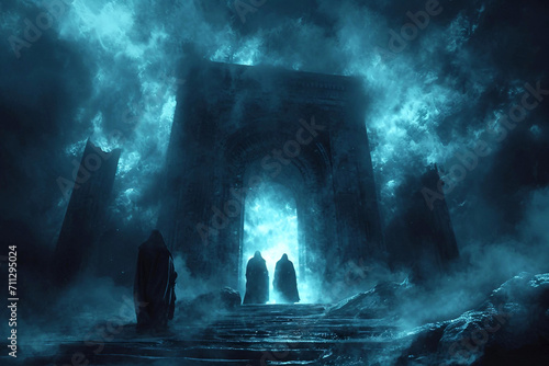 Three Hooded Mysterious Figures Wearing Cloaks Standing Before a Stone Archway Fantasy Art photo