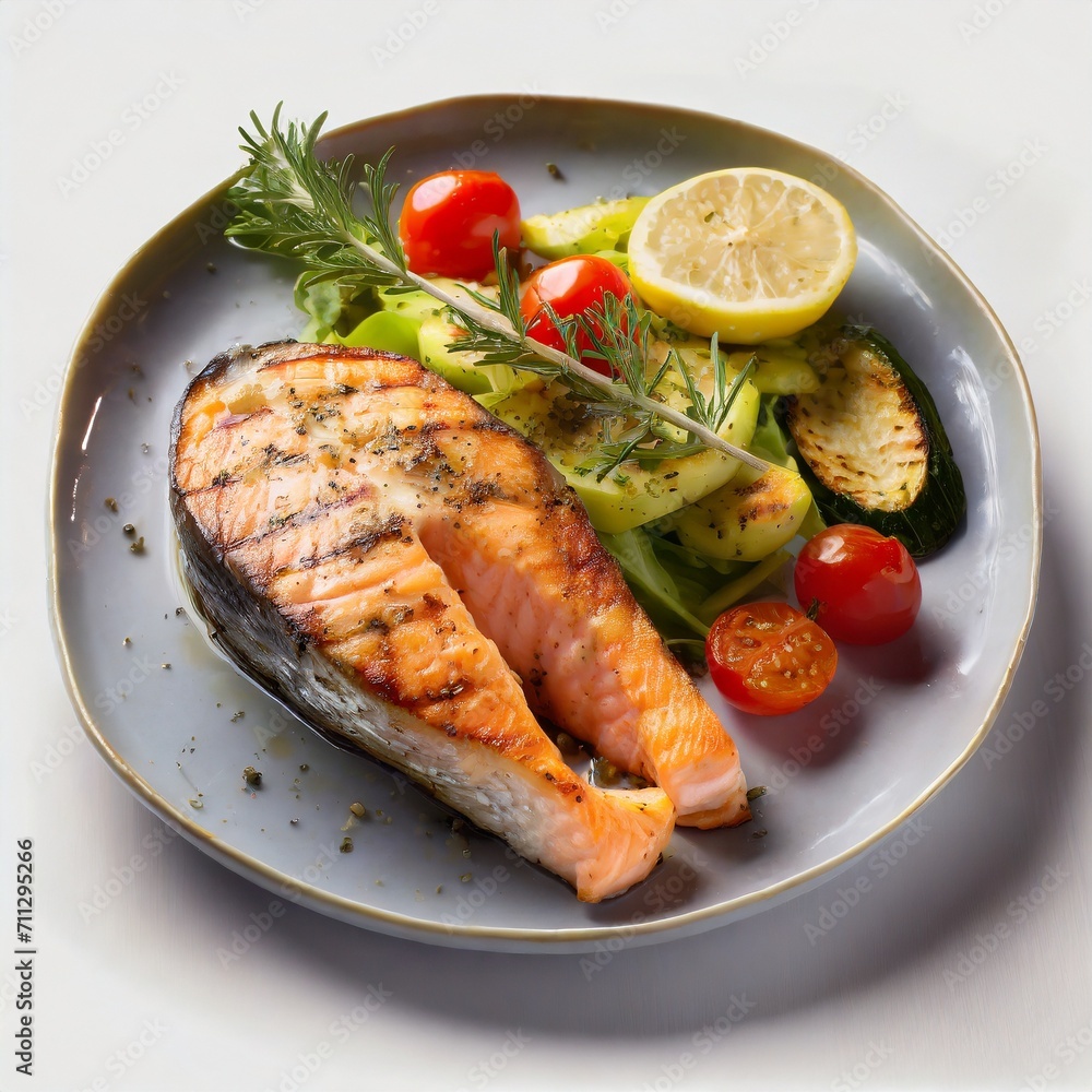 Salmon Indulgence: Grilled to Perfection Steak with Mouthwatering Vegetables, Citrusy Lemon, and a White Plate Salmon Indulgence: Grilled to Perfection Steak with Mouthwatering Vegetables, Citrusy Lemon, and a White Plate