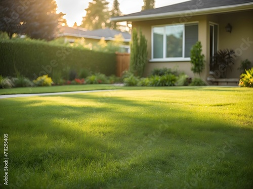 A photo of a green grass cut short front yard garden, the camera angle is low to the ground, depth of field, golden hour lighting. generative AI