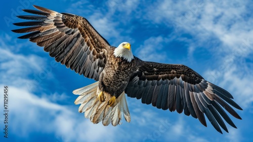 Graceful bald eagle soaring with outstretched wings against a blue sky, symbolizing freedom and strength