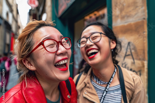 Two fictional Asian women wearing red lipstick and glasses happily laughing during daytime. Concept of radically real, unvarnished, candid moments, happiness, and friendship.  photo