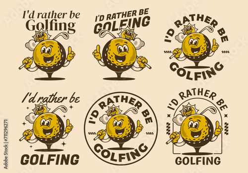 I'd rather be golfing. Vintage character illustration of a golf ball holding a golf stick