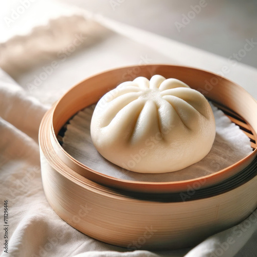 Steamed bun in bamboo steamer. AI generated.