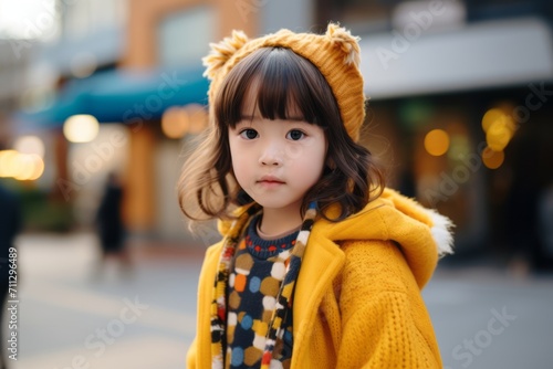 Portrait of asian little girl in yellow coat on the street