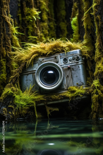 Vintage Camera Encrusted in Green Moss