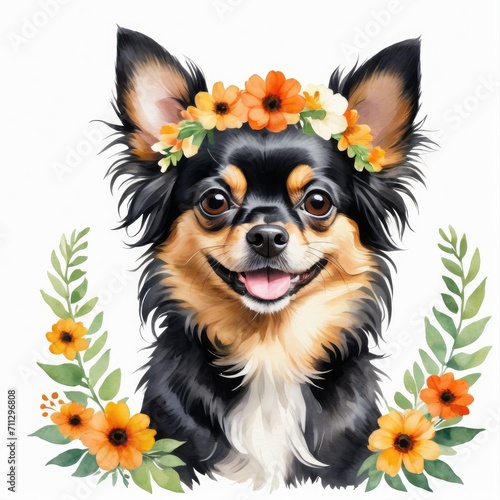 Watercolor black and tan chihuahua dog with floral wreath on head © QuoDesign