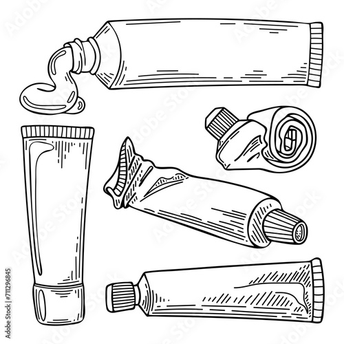 Set sketch toothpaste tubes. Dental hygiene. Hand drawn line art illustration.