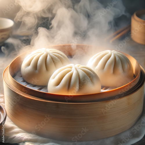 Steamed buns in bamboo steamer. AI generated. photo