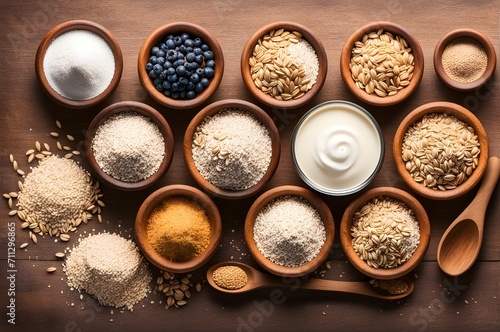 Organic goodness: Top view of oat milk, flour, dry flakes, and whole grains—a nutritious set for vegetarian delight.