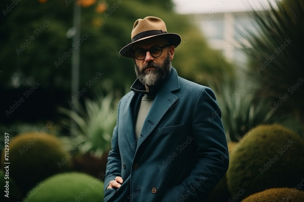 Stylish bearded man in a hat and coat in the park.