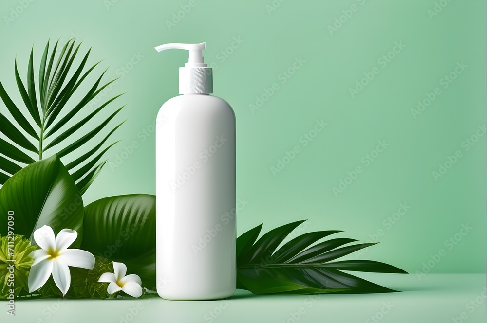 Enhance your brand with a chic white shampoo bottle, adorned with a dispenser and lively tropical leaves against a rich green backdrop. Versatile mockup for showcasing pure beauty in your product. Enhance your brand with a chic white shampoo bottle, adorned with a dispenser and lively tropical leaves against a rich green backdrop. Versatile mockup for showcasing pure beauty in your product.