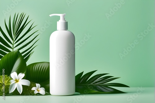 Enhance your brand with a chic white shampoo bottle  adorned with a dispenser and lively tropical leaves against a rich green backdrop. Versatile mockup for showcasing pure beauty in your product.