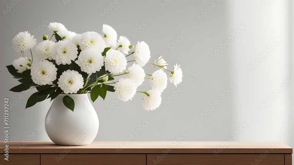 Transform your product display with a chic side home interior featuring a vase of white flowers on a light background, creating an elegant and inviting ambiance. Transform your product display with a chic side home interior featuring a vase of white flowers on a light background, creating an elegant and inviting ambiance.