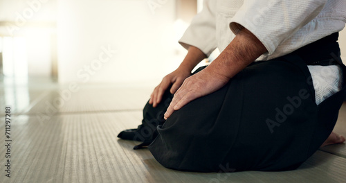 Asian man, student or bow in dojo for respect, greeting or honor to master at indoor gym. Closeup of male person or karate trainer bowing for etiquette, attitude or commitment in martial arts class © N Felix/peopleimages.com