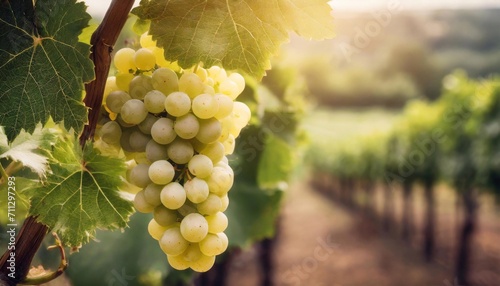 White grapes grow on the vineyard vine.