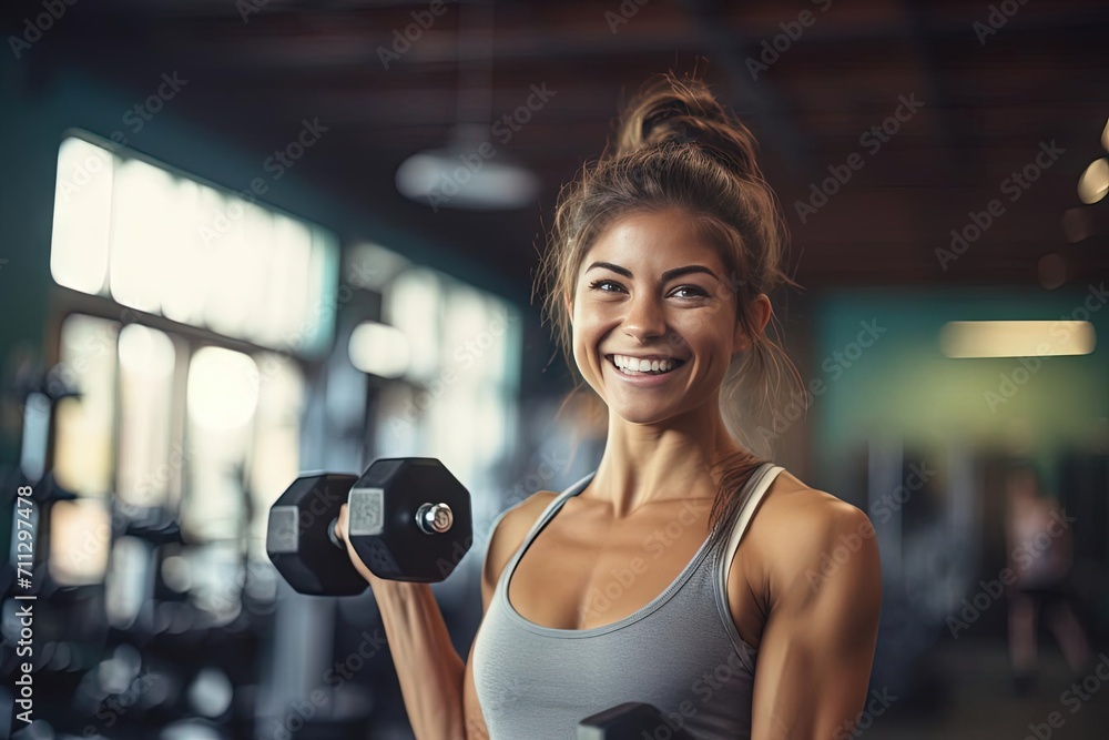 Smiling Fit Woman in Gym with Dumbbells - Summer Weightlifting Smiling Fit Woman in Gym with Dumbbells - Summer Weightlifting