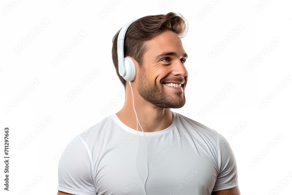 Smiling Man with Headphones - Close-Up White T-Shirt Portrait, Sport Vibes Smiling Man with Headphones - Close-Up White T-Shirt Portrait, Sport Vibes