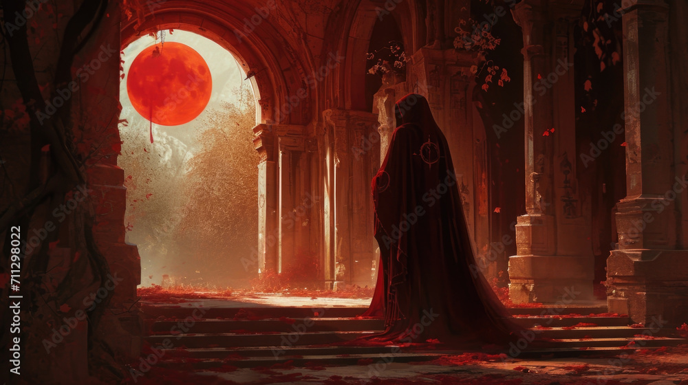 Hidden from the world above, a priestess bathed in the light of a red moon leads a ritual to commune with the spirits of the dead, their whispers echoing through the hallowed Fantasy art