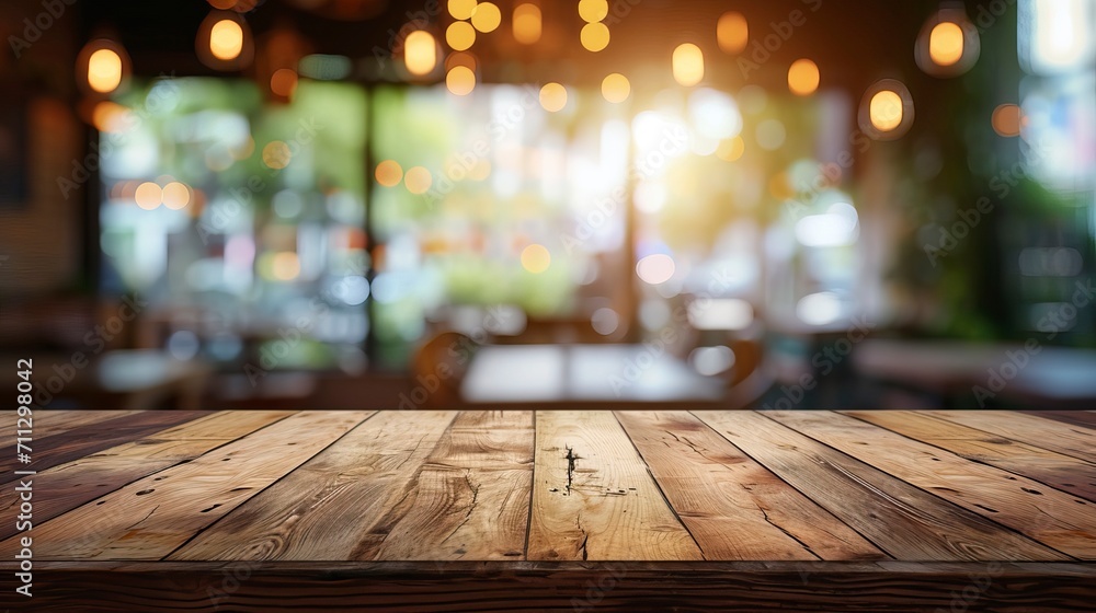 Photo empty wood table top and blur glass window interior restaurant banner mock up abstract background - can used for display or montage your products - generative ai