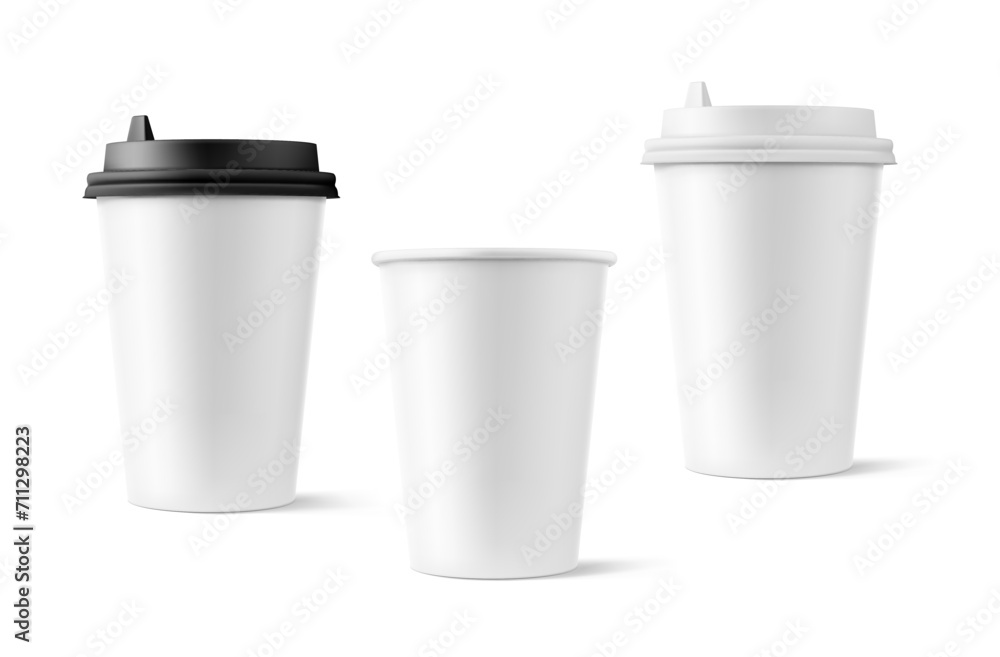 Set of realistic blank mock up paper cups with plastic lid. Coffee to go, take out mug. Vector illustration isolated on white background. Can be use for any backgrounds. EPS10. Set of realistic blank mock up paper cups with plastic lid. Coffee to go, take out mug. Vector illustration isolated on white background. Can be use for any backgrounds. EPS10.