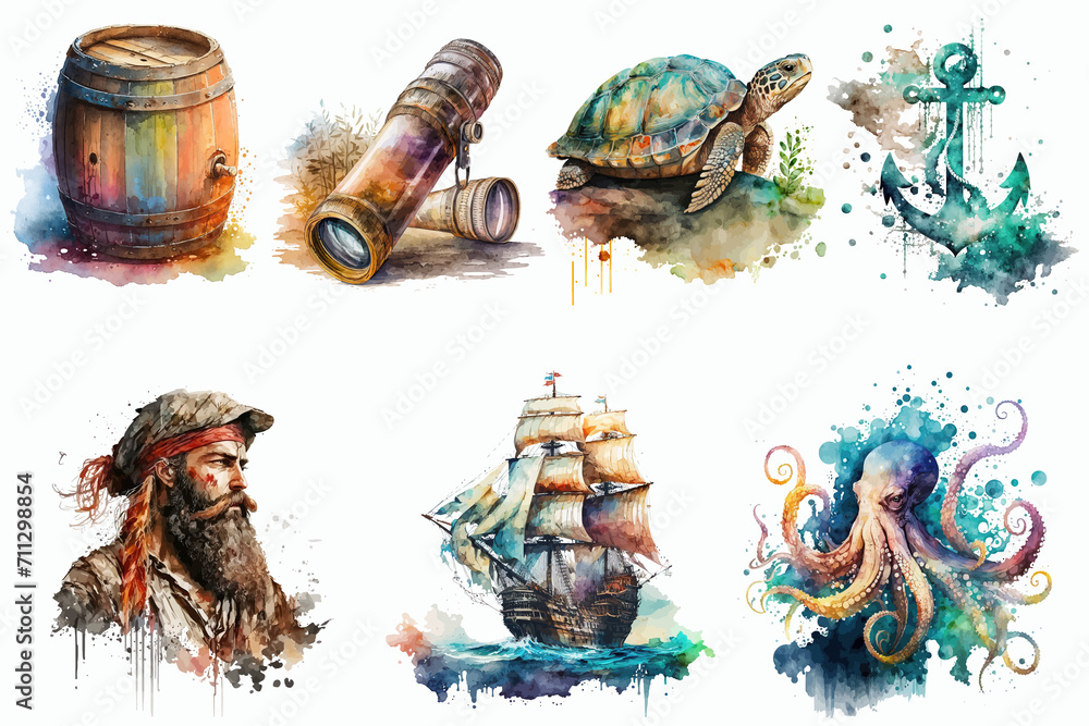 Fototapeta premium Set of Pirates and Ocean Watercolor Illustration. Hand-drawn illustration isolated on white background in boho style.