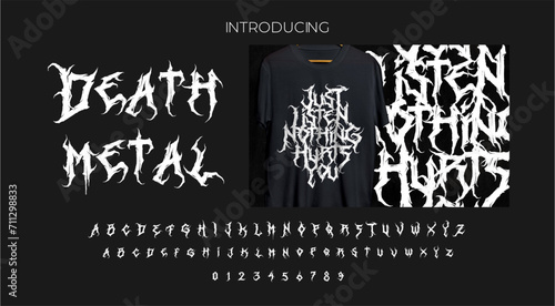 Death metal typhography font with gothic extremal lettering darkened apocaliptic and hardcore letters photo