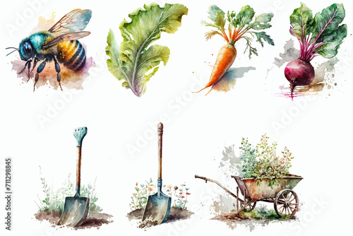 Watercolor set of vegetable garden. Hand-drawn illustration isolated on white background in boho style.