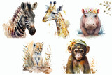 Safari Animal set hippopotamus, lion, zebra, monkey, giraffe in watercolor style. Isolated illustratio