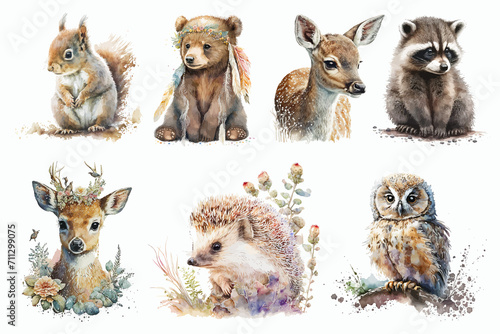 Safari Animal set deer, fox, raccoon, hedgehog, squirrel, bear in watercolor style. Isolated illustration
