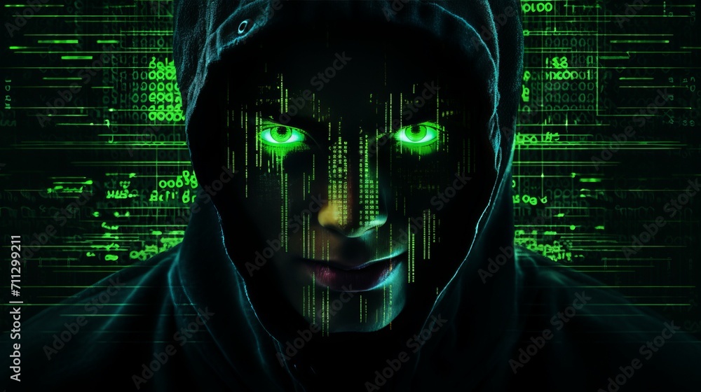 Mysterious face of anonymous hacker with glowing green eyes veiled in mesmerizing array of luminous green program code, delve into digital realm, shadowy figure in cyberspace, close up view