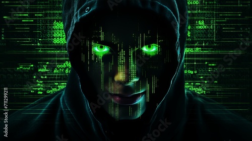 Mysterious face of anonymous hacker with glowing green eyes veiled in mesmerizing array of luminous green program code  delve into digital realm  shadowy figure in cyberspace  close up view