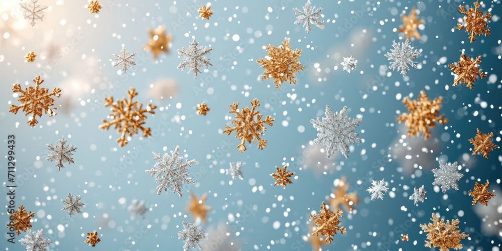Golden snowflakes of the correct shape fall from the sky on a light blue background. Generative AI. Golden snowflakes of the correct shape fall from the sky on a light blue background. Generative AI.