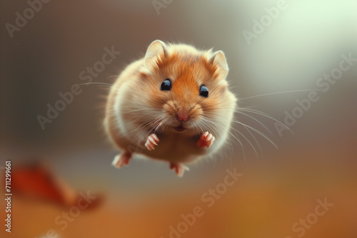 Hamster in the jump. Funny hamster, flying. cute little hamster try move to hand, hamster feeling wonder and excite, hamster on nature background, pet in home.