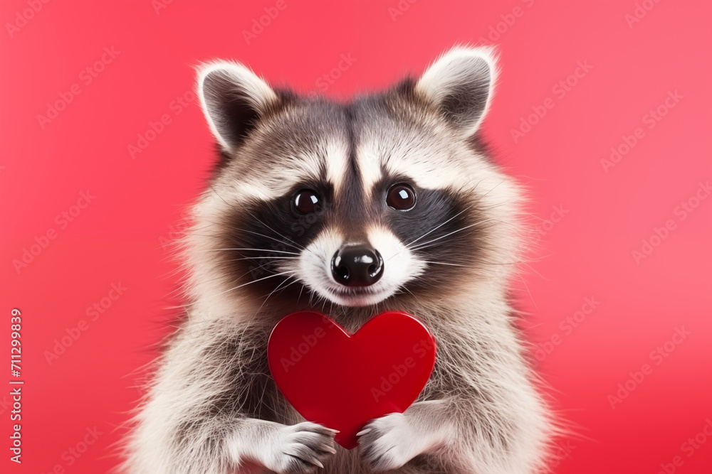 Cute happy raccoon smiling and holding a red heart, Valentines day background, Looking for girlfriend, Isolated on a rad studio background, Isolated on red background, Love concept Cute happy raccoon smiling and holding a red heart, Valentines day background, Looking for girlfriend, Isolated on a rad studio background, Isolated on red background, Love concept