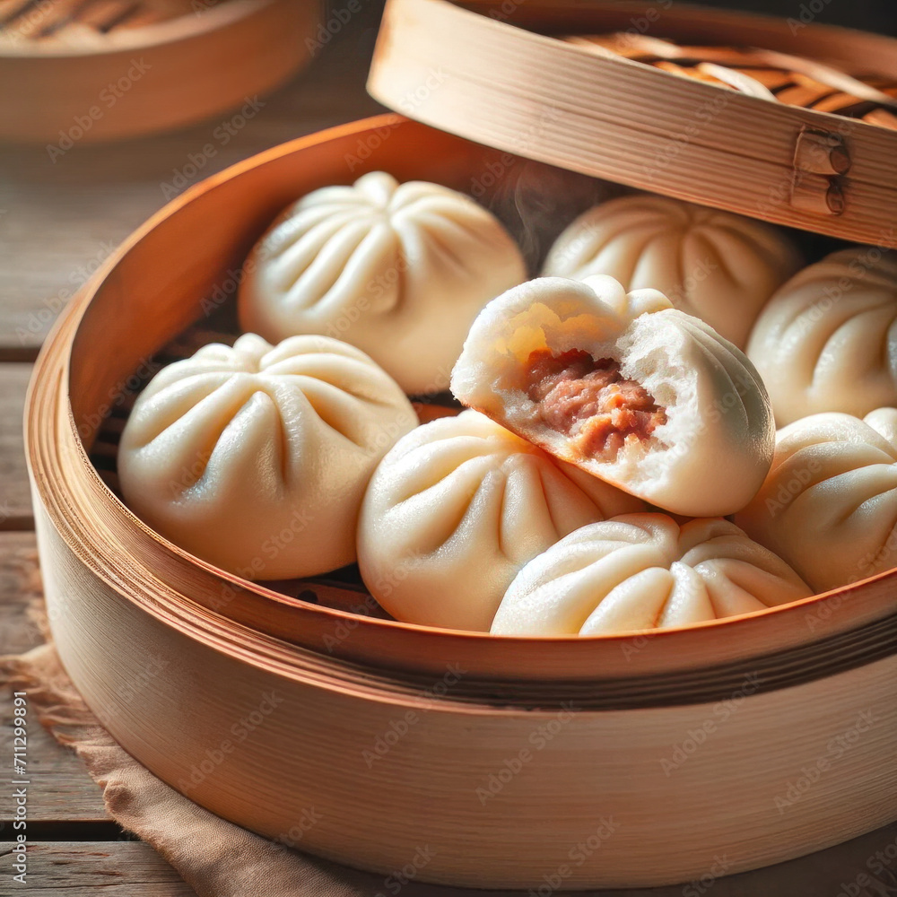 Steamed pork buns in bamboo steamer. AI generated. Steamed pork buns in bamboo steamer. AI generated.