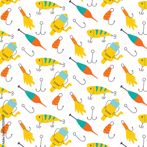 Seamless pattern with fishing gear. Hand-drawn pattern with baits, hooks and floats. Vector illustration.