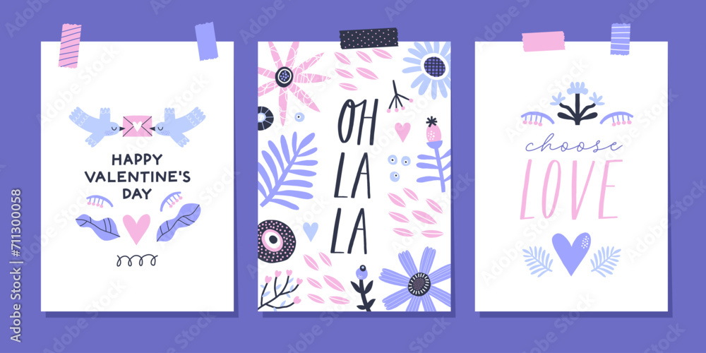 Set of Valentine's day greeting cards, posters with hand drawn decorative elements. Set of Valentine's day greeting cards, posters with hand drawn decorative elements.