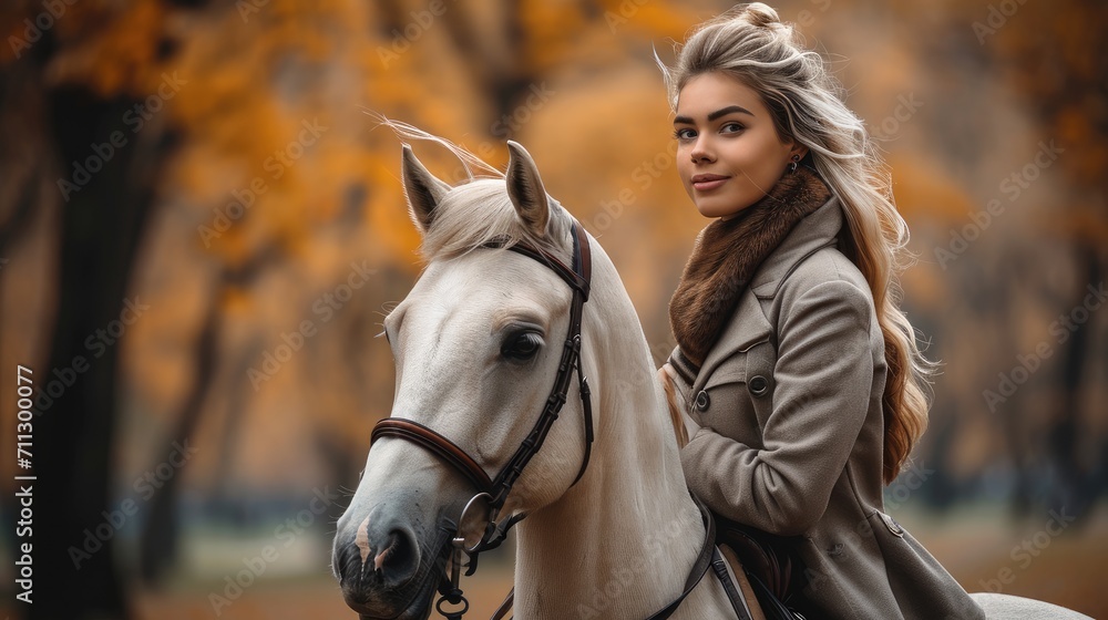 Obraz premium A girl on a horse during a walk in the park. Generative AI.