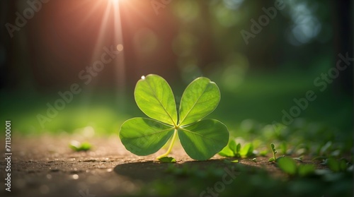 clover leaf in lens flare for Valentine background, green clover leaf in the forest, St. Patrick's Day