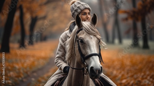 A girl on a horse during a walk in the park. Generative AI.