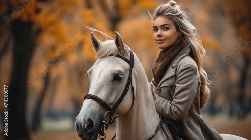 A girl on a horse during a walk in the park. Generative AI.