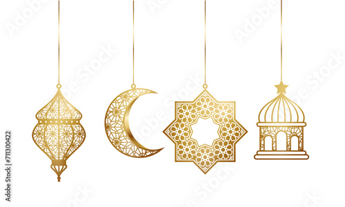 Set of hanging Islamic golden decoration. Realistic clipart vector