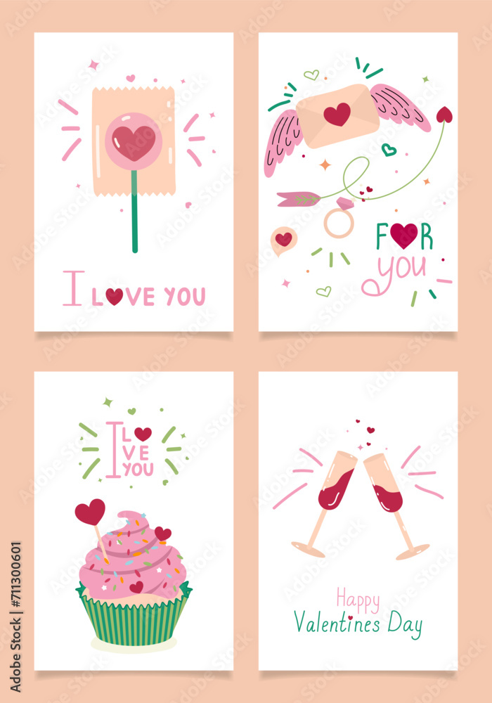 Valentine's day greeting cards set. Vector illustration in flat style Valentine's day greeting cards set. Vector illustration in flat style